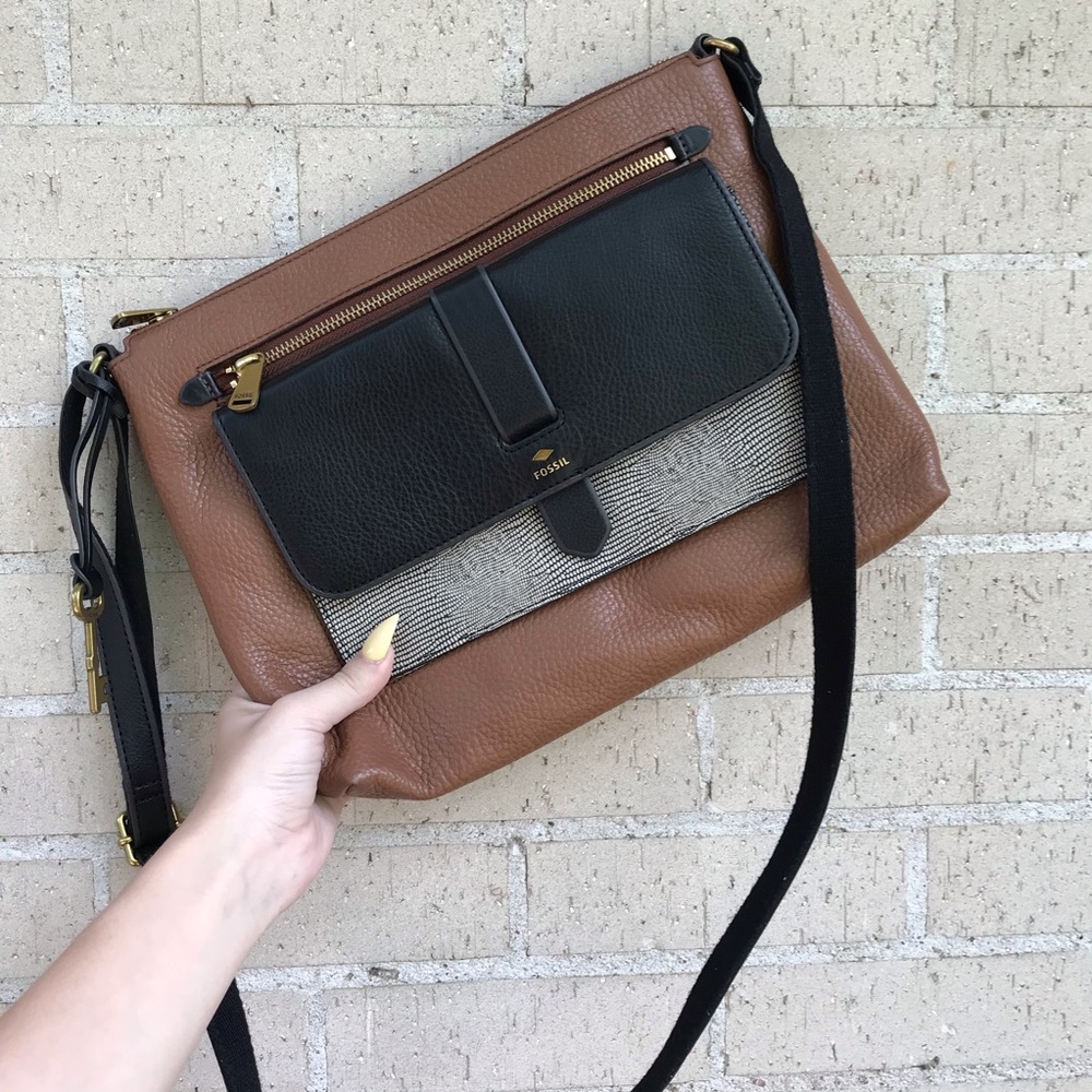 Fossil brown colorblock leather shoulder satchel - Picture 1 of 8